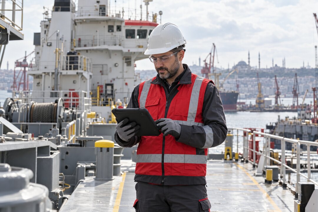 Gemi güvertesinde tabletle iş izni kontrolü yapan personel